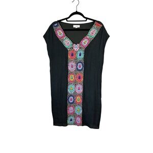 THML Black Floral Crochet Embroidered V-Neck Tunic Dress JH833-BK Large